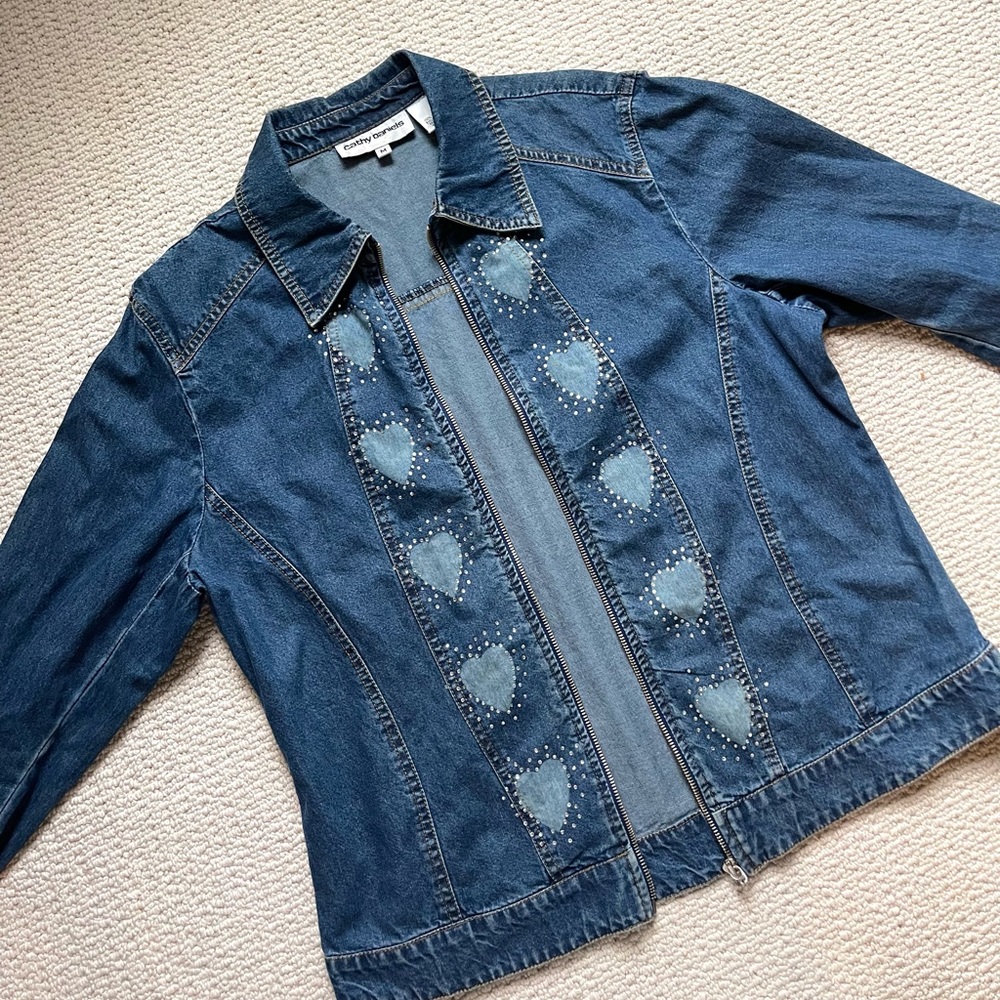 Y2K Rhinestone Bleached Hearts Denim Jacket